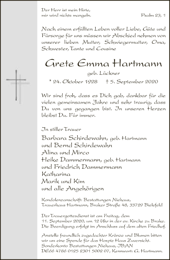 Traueranzeige von Grete Emma Hartmann von Neue Westfälische