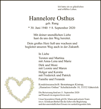 Traueranzeige von Hannelore Osthus von Neue Westfälische