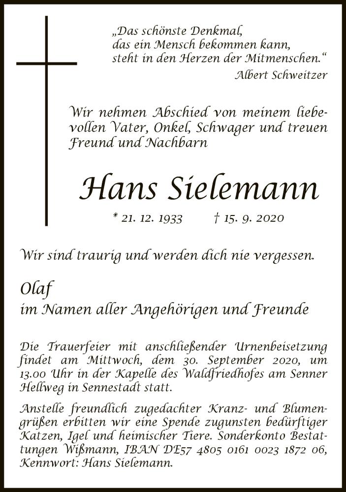  Traueranzeige für Hans Sielemann vom 24.09.2020 aus Neue Westfälische