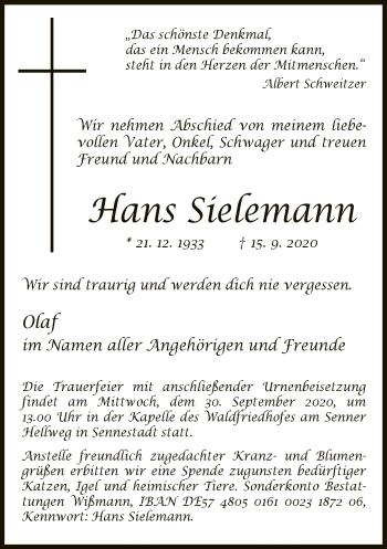 Traueranzeige von Hans Sielemann von Neue Westfälische