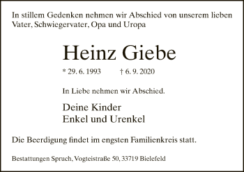 Traueranzeige von Heinz Giebe von Neue Westfälische