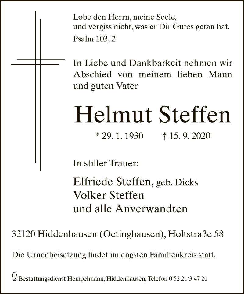  Traueranzeige für Helmut Steffen vom 19.09.2020 aus Neue Westfälische