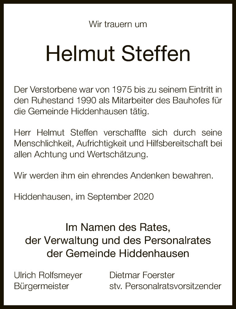  Traueranzeige für Helmut Steffen vom 24.09.2020 aus Neue Westfälische
