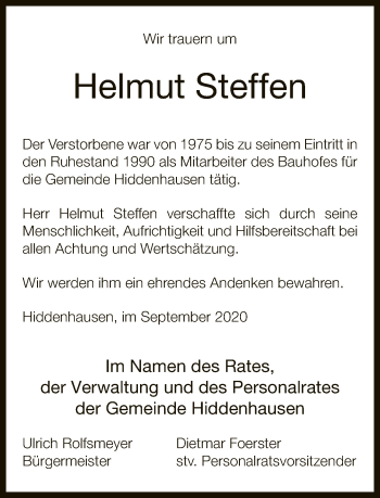 Traueranzeige von Helmut Steffen von Neue Westfälische