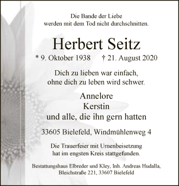 Traueranzeige von Herbert Seitz von Neue Westfälische