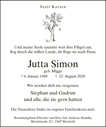 Traueranzeige von Jutta Simon von Neue Westfälische