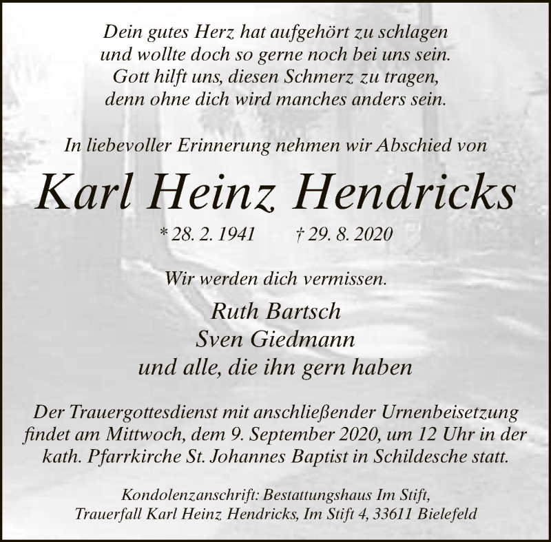  Traueranzeige für Karl Heinz Hendricks vom 05.09.2020 aus Neue Westfälische