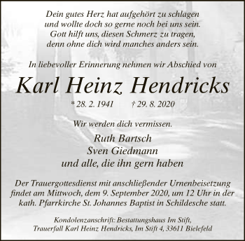 Traueranzeige von Karl Heinz Hendricks von Neue Westfälische