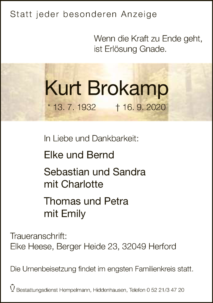  Traueranzeige für Kurt Brokamp vom 19.09.2020 aus Neue Westfälische