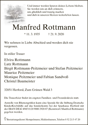 Traueranzeige von Manfred Rottmann von Neue Westfälische