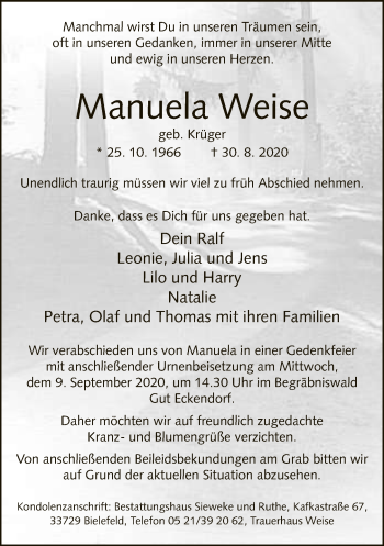 Traueranzeige von Manuela Weise von Neue Westfälische
