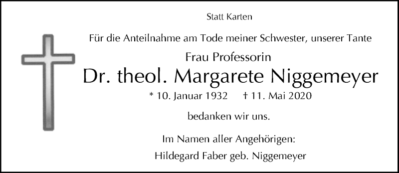  Traueranzeige für Margarete Niggemeyer vom 05.09.2020 aus Neue Westfälische