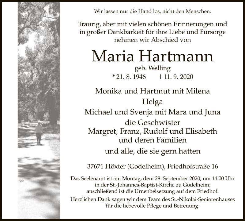  Traueranzeige für Maria Hartmann vom 19.09.2020 aus Neue Westfälische