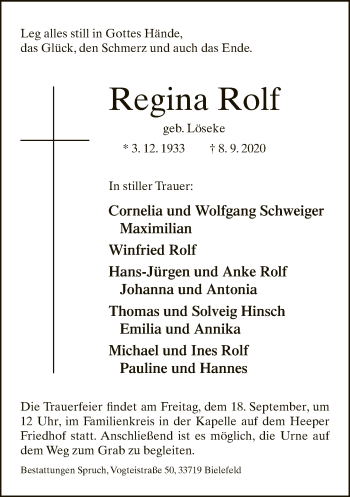 Traueranzeige von Regina Rolf von Neue Westfälische