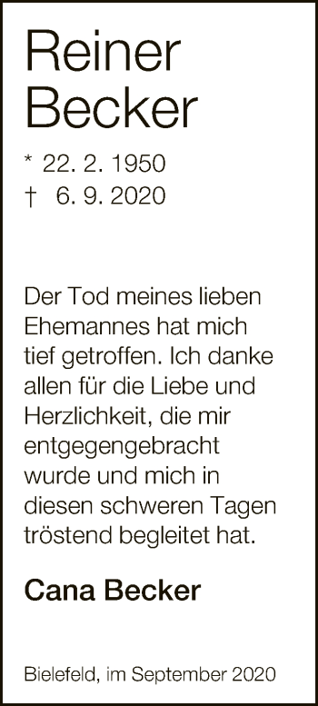 Traueranzeige von Reiner Becker von Neue Westfälische