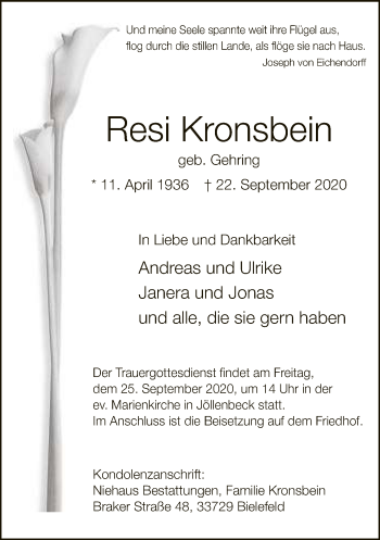 Traueranzeige von Resi Kronsbein von Neue Westfälische