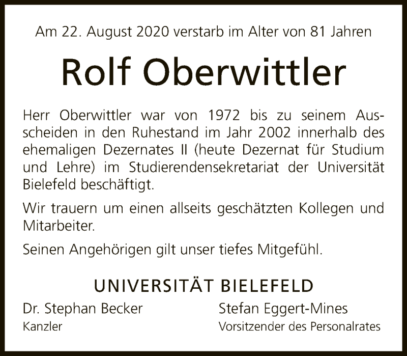  Traueranzeige für Rolf Oberwittler vom 05.09.2020 aus Neue Westfälische