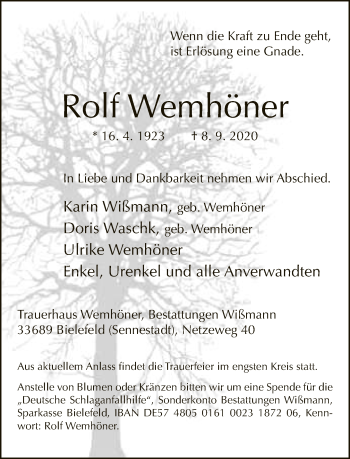 Traueranzeige von Rolf Wemhöner von Neue Westfälische