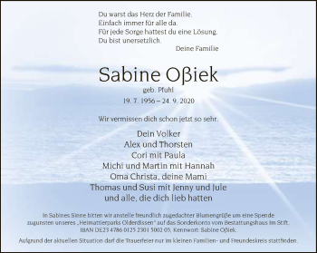 Traueranzeige von Sabine Oßiek von Neue Westfälische