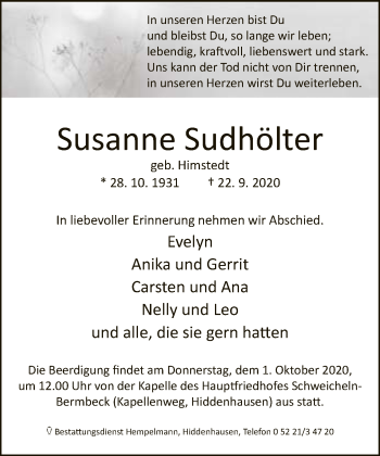 Traueranzeige von Susanne Sudhölter von Neue Westfälische