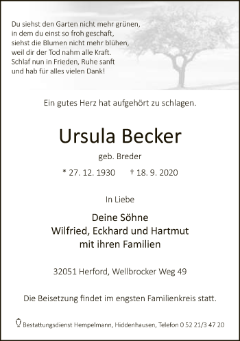 Traueranzeige von Ursula Becker von Neue Westfälische