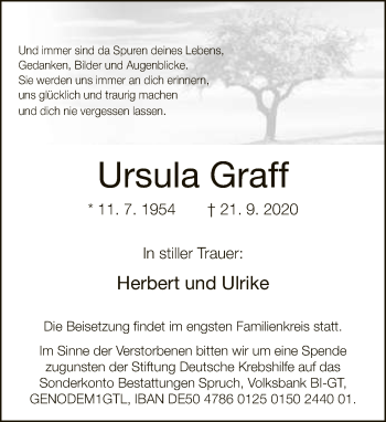 Traueranzeige von Ursula Graff von Neue Westfälische