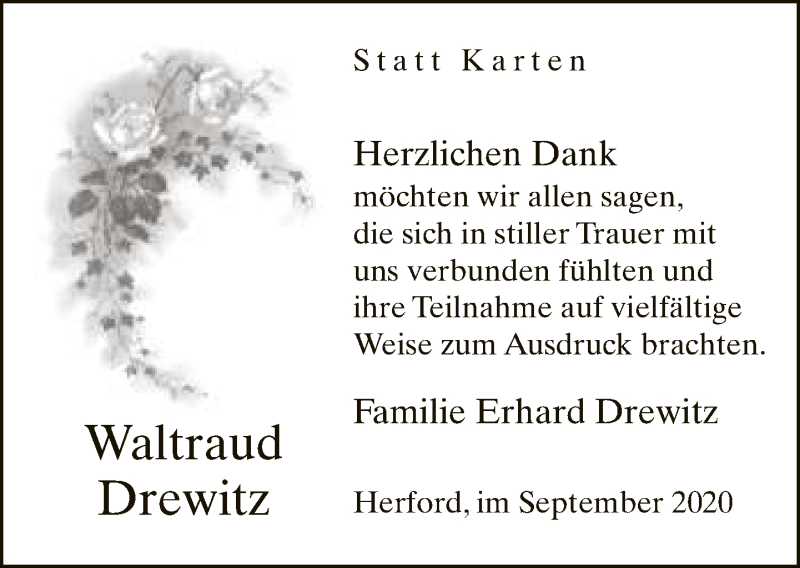  Traueranzeige für Waltraud Drewitz vom 05.09.2020 aus Neue Westfälische