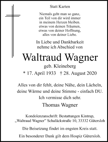 Traueranzeige von Waltraud Wagner von Neue Westfälische