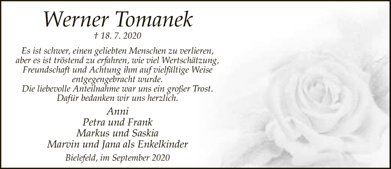  Traueranzeige für Werner Tomanek vom 05.09.2020 aus Neue Westfälische