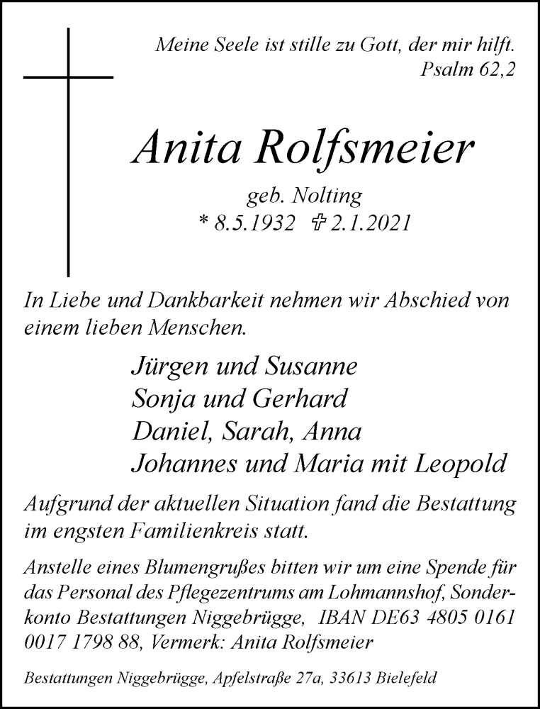  Traueranzeige für Anita Rolfsmeier vom 09.01.2021 aus Neue Westfälische