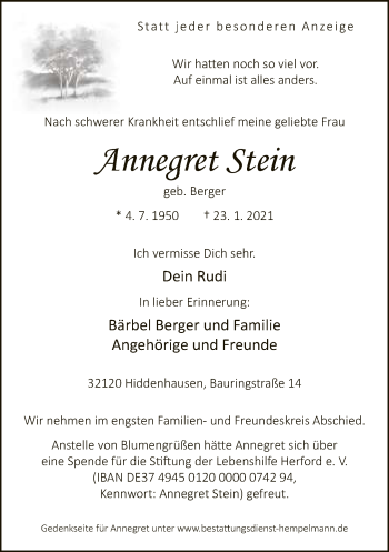 Traueranzeige von Annegret Stein von Neue Westfälische