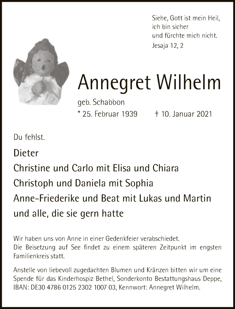  Traueranzeige für Annegret Wilhelm vom 20.01.2021 aus Neue Westfälische