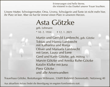 Traueranzeige von Asta Götzke von Neue Westfälische