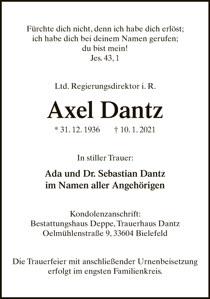  Traueranzeige für Axel Dantz vom 15.01.2021 aus Neue Westfälische