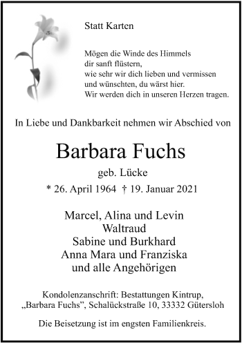 Traueranzeige von Barbara Fuchs von Neue Westfälische