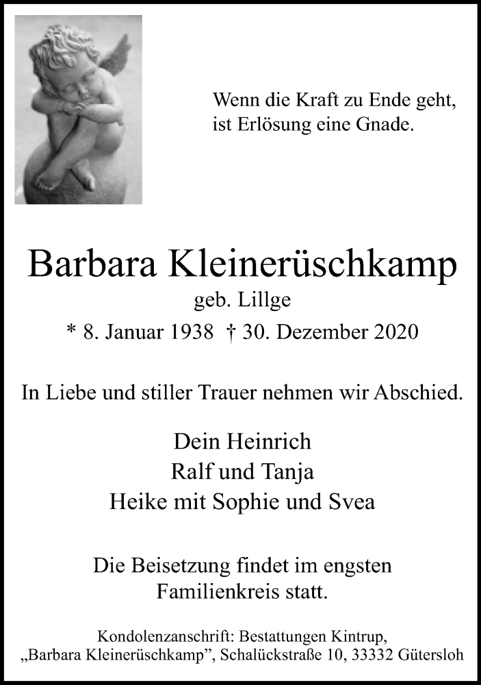  Traueranzeige für Barbara Kleinerüschkamp vom 05.01.2021 aus Neue Westfälische