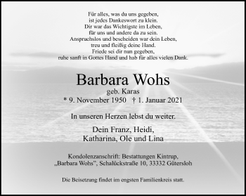 Traueranzeige von Barbara Wohs von Neue Westfälische