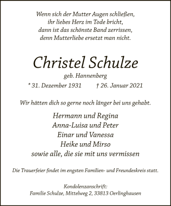 Traueranzeige von Christel Schulze von Neue Westfälische