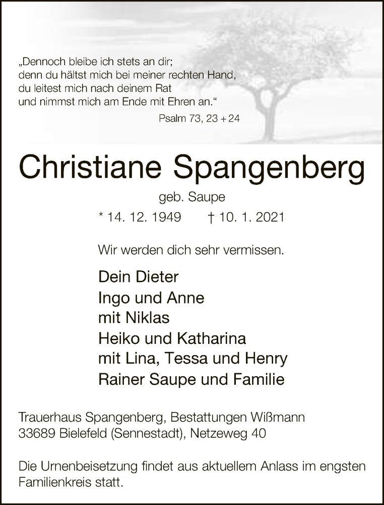  Traueranzeige für Christiane Spangenberg vom 16.01.2021 aus Neue Westfälische