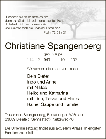 Traueranzeige von Christiane Spangenberg von Neue Westfälische
