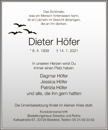 Traueranzeige von Dieter Höfer von Neue Westfälische