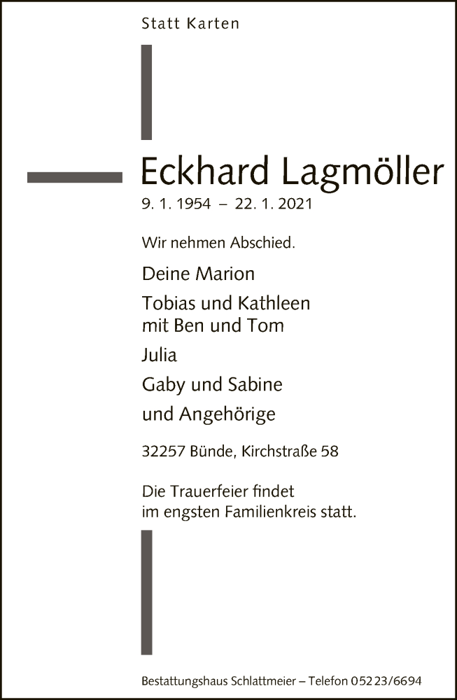 Traueranzeige für Eckhard Lagmöller vom 26.01.2021 aus Neue Westfälische