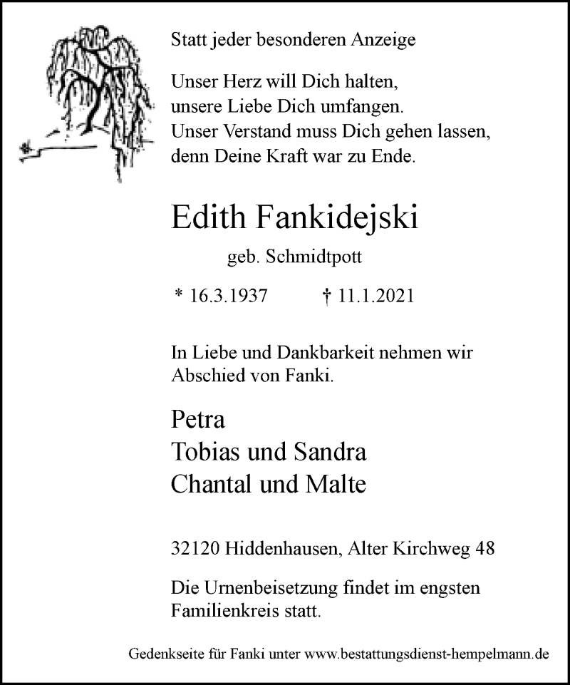  Traueranzeige für Edith Fankidejski vom 16.01.2021 aus Neue Westfälische