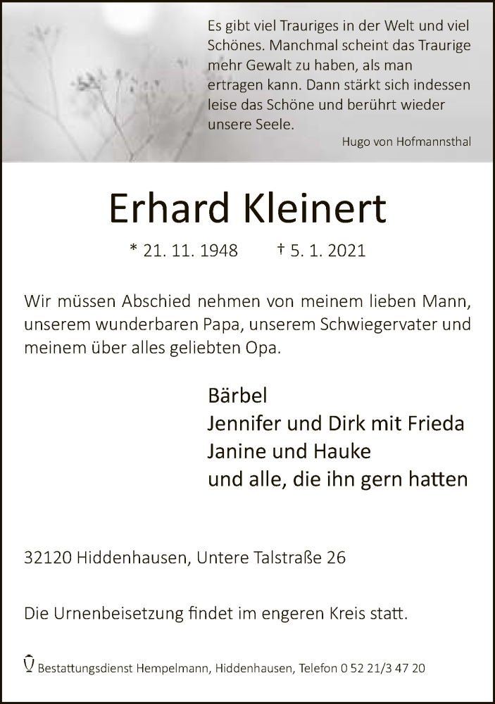  Traueranzeige für Erhard Kleinert vom 09.01.2021 aus Neue Westfälische