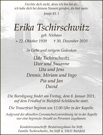 Traueranzeige von Erika Tschirschwitz von Neue Westfälische