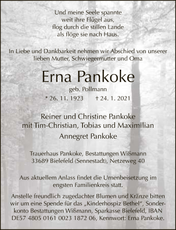 Traueranzeige von Erna Pankoke von Neue Westfälische