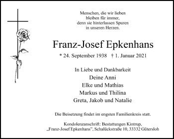 Traueranzeige von Franz-Josef Epkenhans von Neue Westfälische