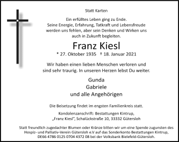 Traueranzeige von Franz Kiesl von Neue Westfälische