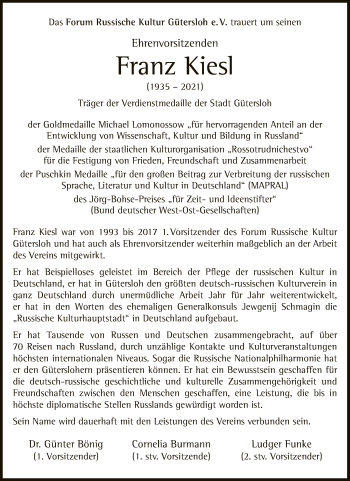 Traueranzeige von Franz Kiesl von Neue Westfälische