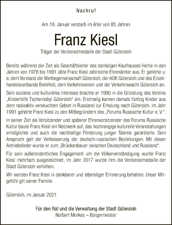 Traueranzeige von Franz Kiesl von Neue Westfälische